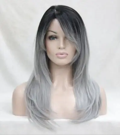 

Ombre Black Root With Grey Mix High-Quality Heat Ok Long Straight Skin Top Wig