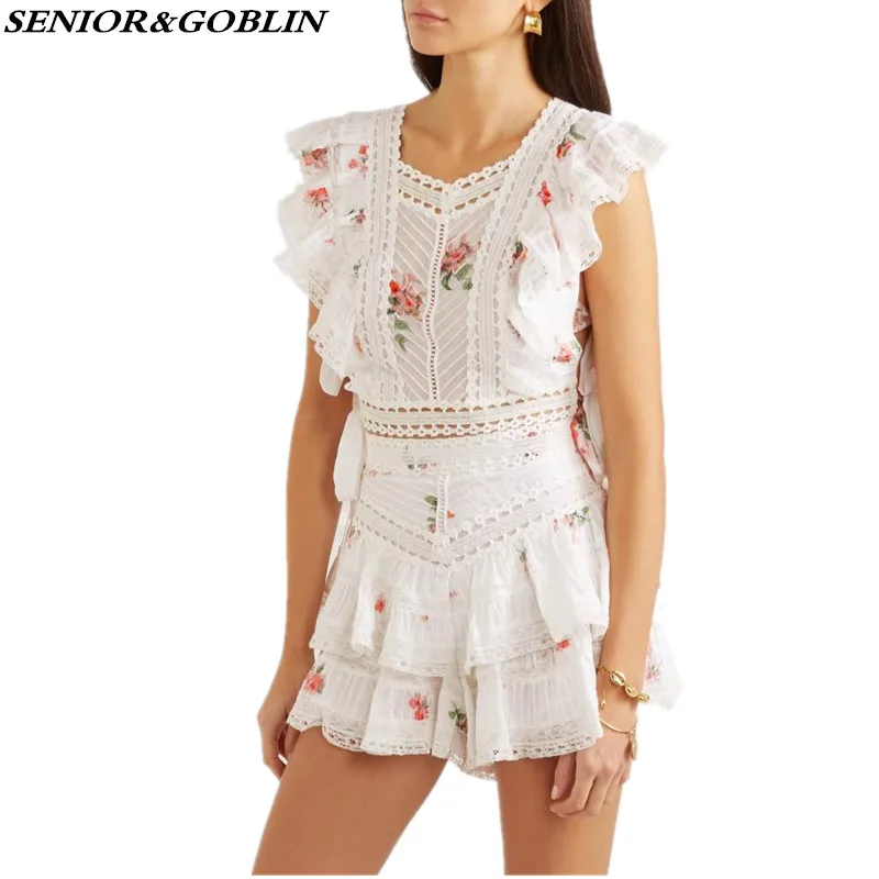 

Two Piece Set 2019 Summer Women's Print Ruffles Hollow Out Bow Lace Up Top Tops+High Waist Fashion Shorts Suits
