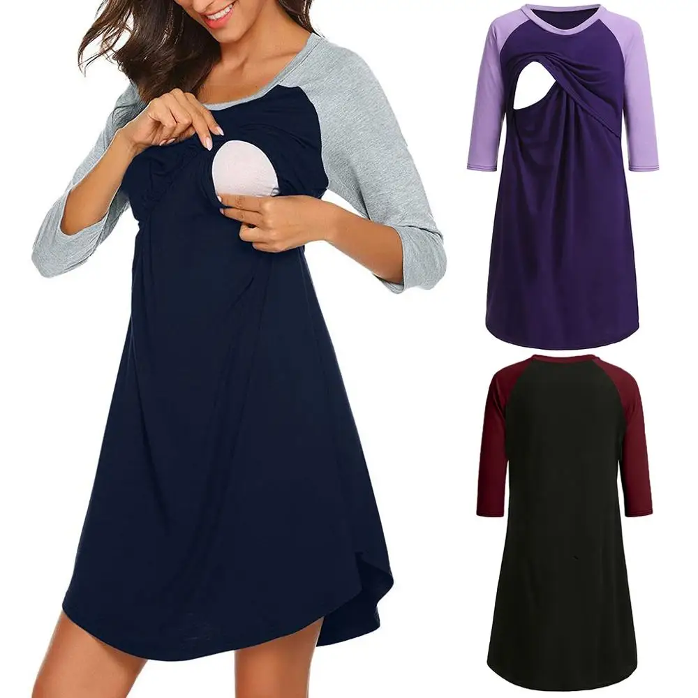 

Hospital GownWomen Maternity Breastfeeding Tops Long Sleeve Nursing T-shirt Dress Nursing Baby For Maternity Pajamas Dress