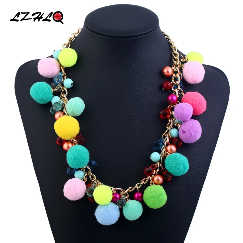

LZHLQ Boho Colorful Plush Ball Choker Statement Necklace Women Ethnic Collar Necklaces Pendants Trendy Collares Collier