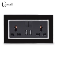 COSWALL 13A универсальная Коммутируемая розетка 2 USB порта зарядки для мобильного выхода 2.1A настенная розетка черная акриловая панель