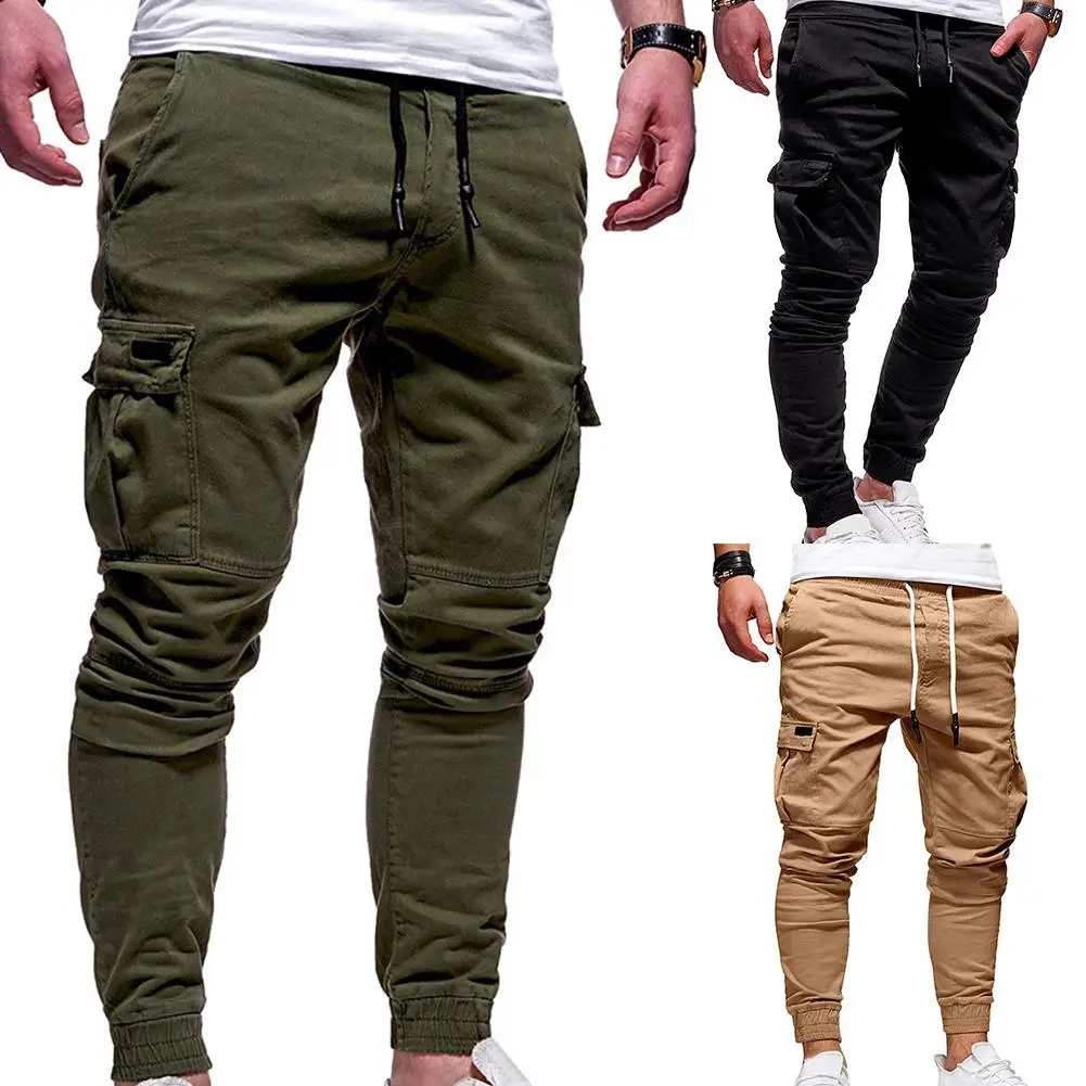 

Casual Men Pants Solid Color Multi Pocket Drawstring Ankle Tie Cargo Pants Trousers Men Streetwear