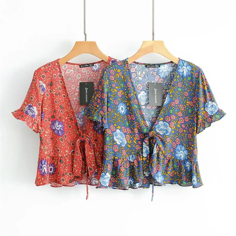 

Lady Floral Print V neck Lace-up Short Blouse Crop Top Butterfly sleeve Ruffles Women shirt Summer Tops Female blusas C468