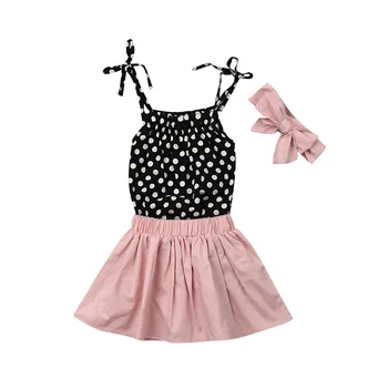 

Summer Baby Girl Casual Dot Pattern Sling Romper Tops Skirt Headband Three Pieces Outfits Set