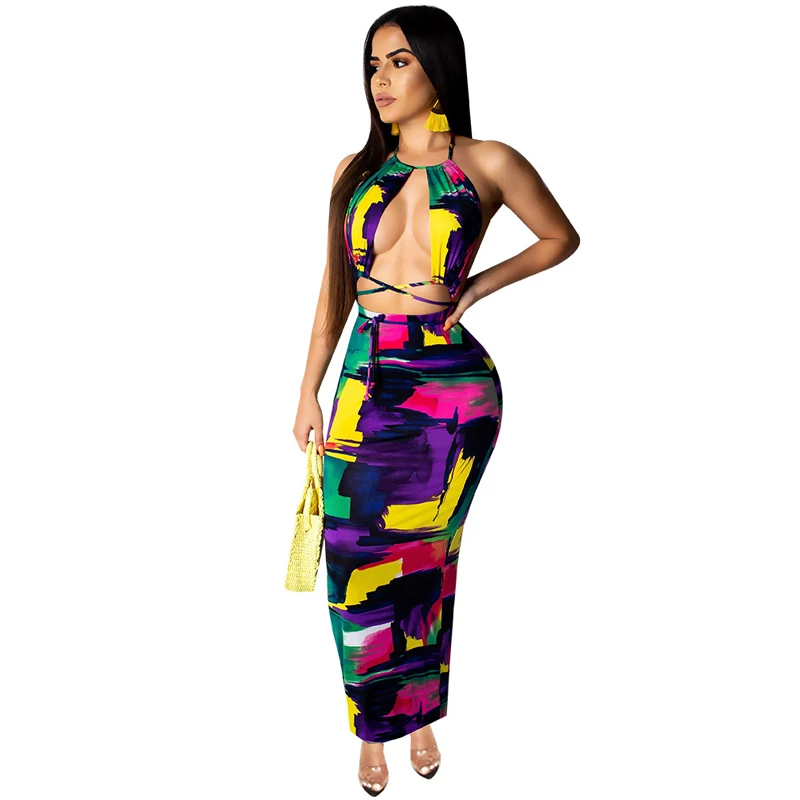 

LSZYOWS Colorful Print Maxi Dress Summer Women Sleeveless Halter Bodycon Long Dress Lace Up Backless Bandage Club Party Dresses