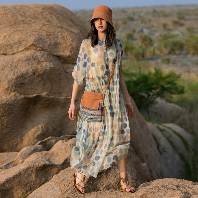 

IRINAW067 new arrival summer 2018 original design casual loose x long polka dot natural silk dress women