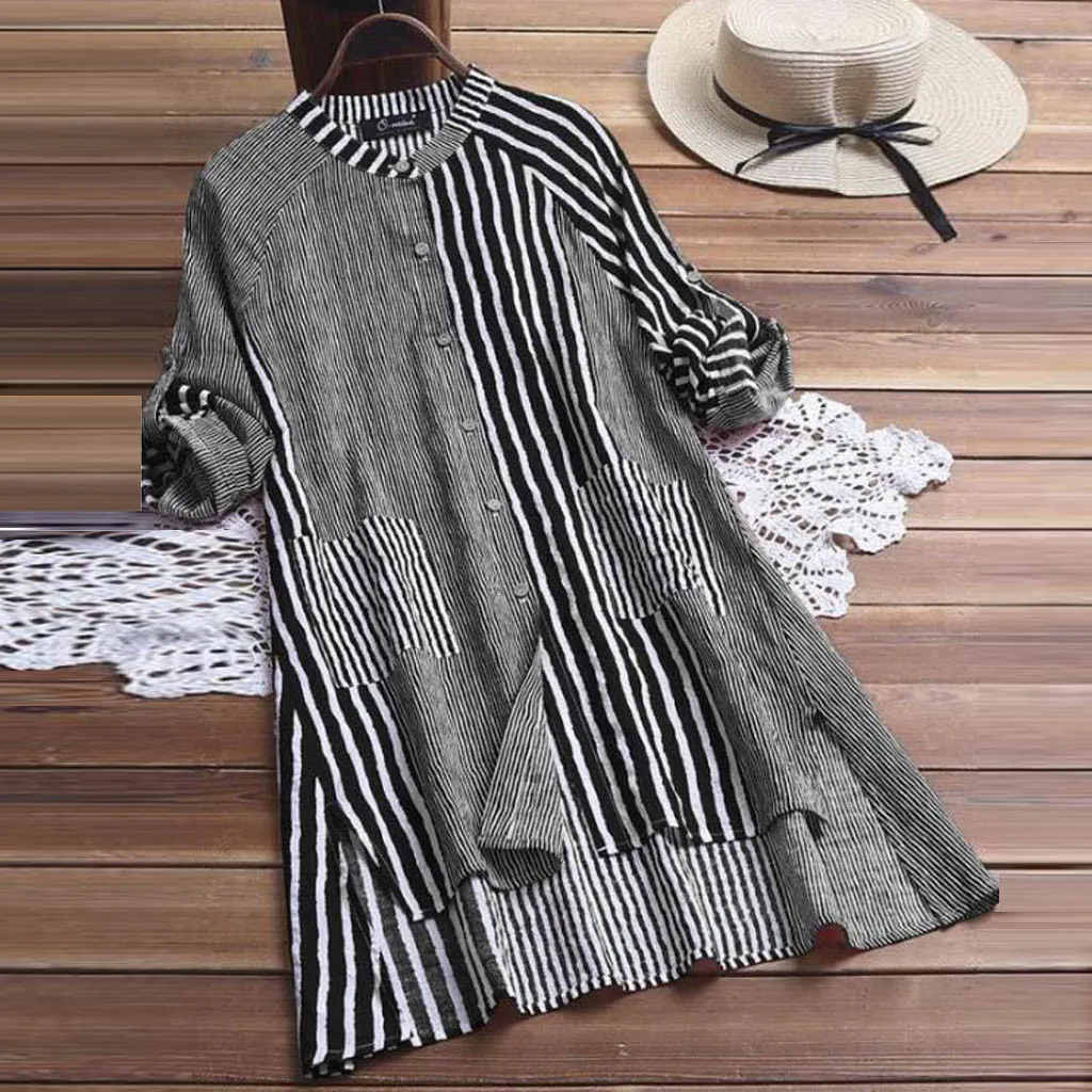 

Plus Size Cotton Linen Striped Blouse Ladies Casual Buttons Tee Shirt Loose Tee Tops Female Women's Long Sleeve Blusas Pullover
