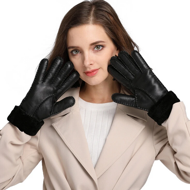 2019 Winter Women Warm Leather Gloves Real Sheep Fur Gloves Ladies Cashmere Gloves Riding Manual Guantes Snow Ski Mittens Red 