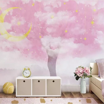 Beibehang- 사용자 정의 3d 사진 벽화, 핑크, 따뜻한 빅 트리, 스타, 북유럽 바람, TV 배경, 벽 서류, 홈 데코, 3d 벽지