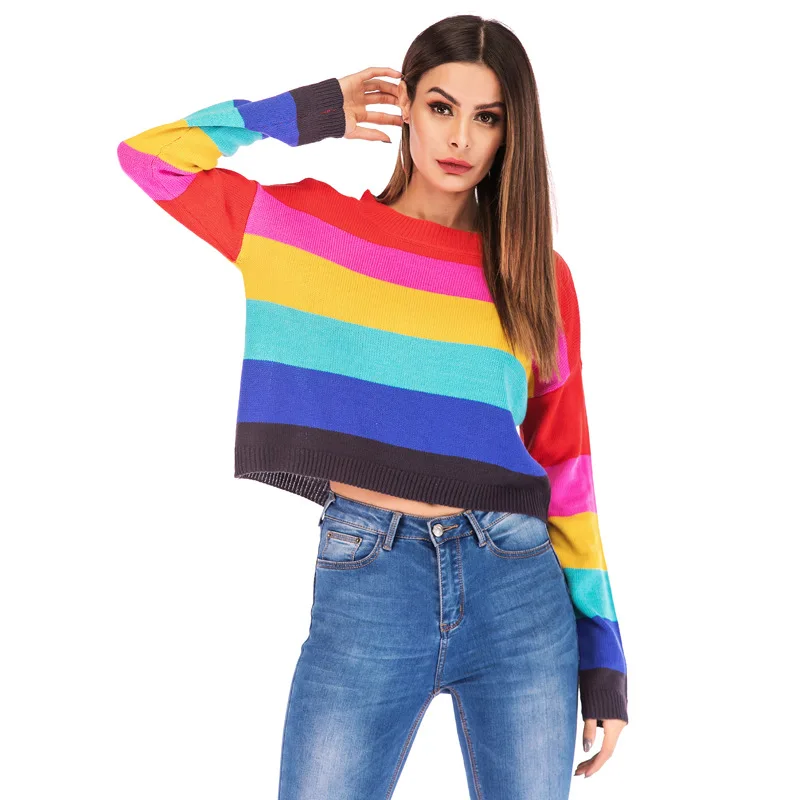Rainbow Stripes Pullovers Women Sweater Jumper Knitwear 2019 Fashion Loose Sexy O Neck Female Sweaters Colorful Pull Clothing