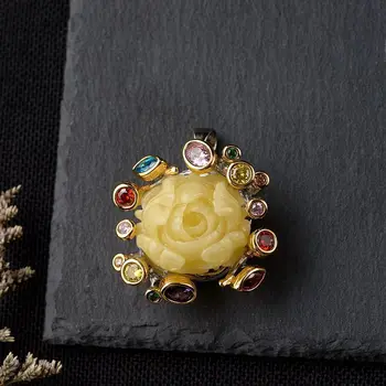 

BOCAIS925 silver inlaid beeswax peony pendants wholesale silver plating color process for women sautoir