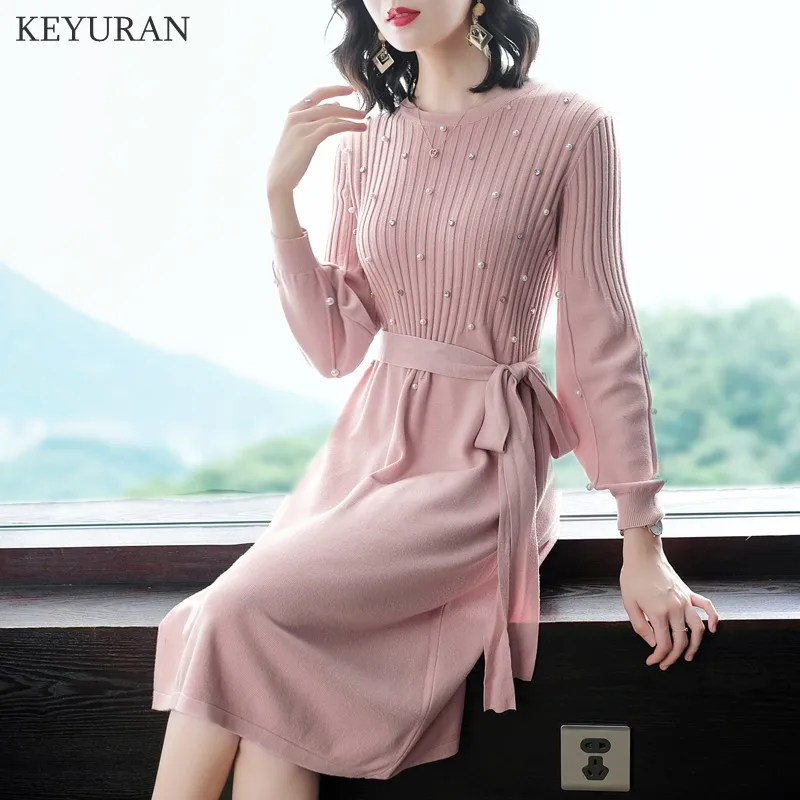 2018 Autumn New Lantern Long Sleeve Stretch Knitted Dress Bow Tie Up Pearl Beading Drill Elegant Pink Sweater Dresses Vestidos