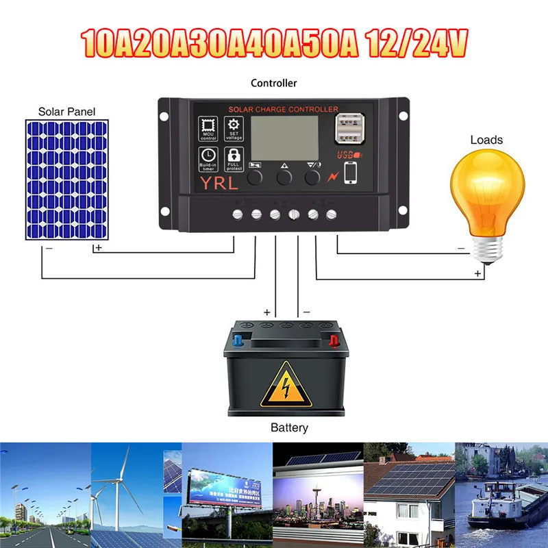 

10A20A30A40A50A12/24V1200W LCD Solar Charge Controller Anti-Lightning Waterproof Controller Micro USB 5V2A Charger For Phone