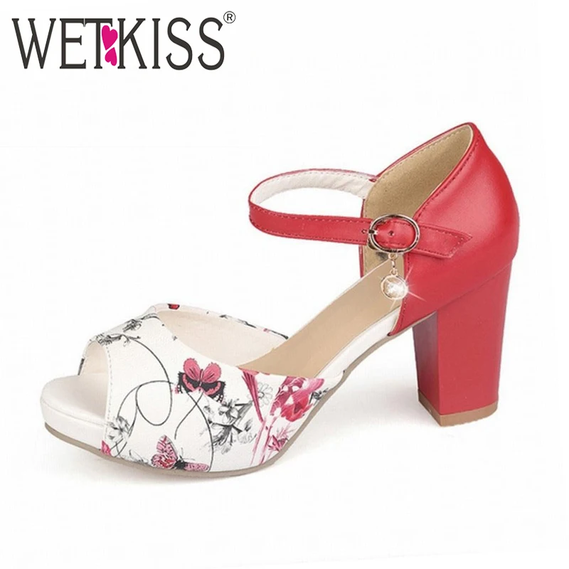 WETKISS Elegant Women Sandals Shoes High Heels Printing Leatherette Open Toe Fashion Female Summer Shoes Ankle