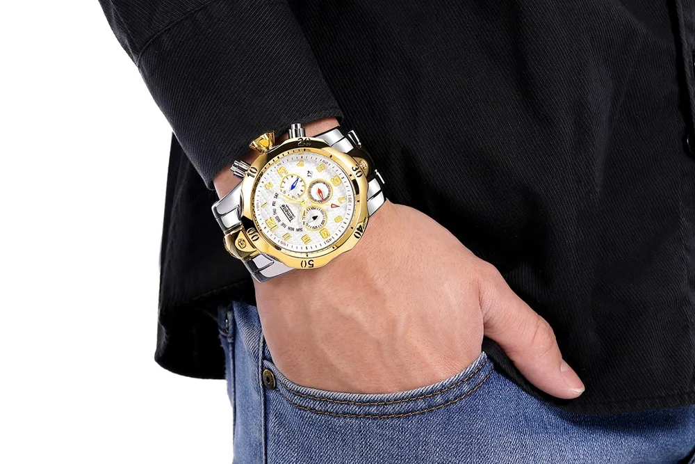 Большой циферблат сталь мужские наручные часы водонепроницаемые Роскошные золотые часы TEMEITE Брендовые мужские большие часы многофункциональные мужские часы кварцевые