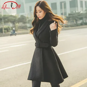 

2020 Winter Thick Wool Blend Coat Women Notched Solid Black Pleated Swing Outer Wear Belt