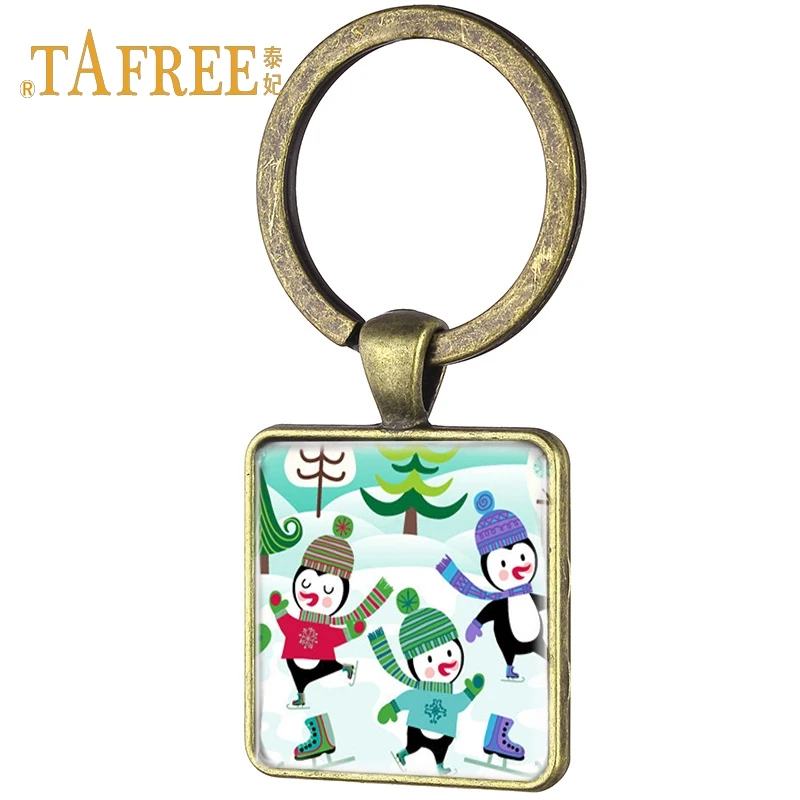 

TAFREE Cute cartoon penguin Skateboarding Square Keyring Figure Skating Ice Skating Picture Childen Key Ring Jewelry ST55