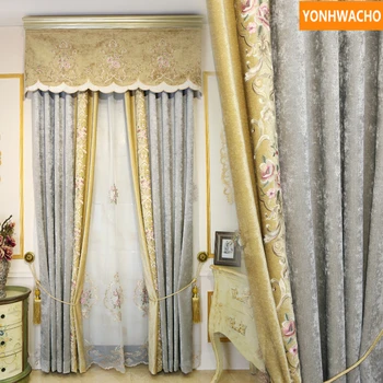 

Custom curtains luxury thick velvet embroidered edge living room grey yellow cloth blackout curtain tulle valance drape B328