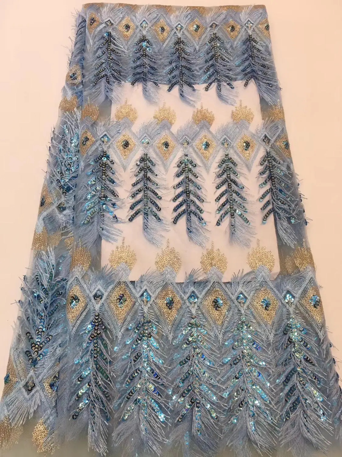 

French lace fabric 5yds/pce leaf sequins fringe powder blue mesh fabrics women gorgeous party event bright dress 2019 new