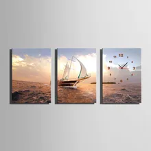 3 Piece Boat On The Sea With Clock Modern Wall Art