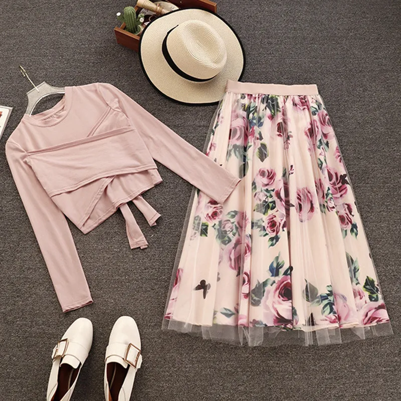 Spring Autumn 2 Piece set Women Irregular Long Sleeve T Shirt+Mesh Skirts Suits Bowknot Solid Tops Vintage Floral Skirt Sets |