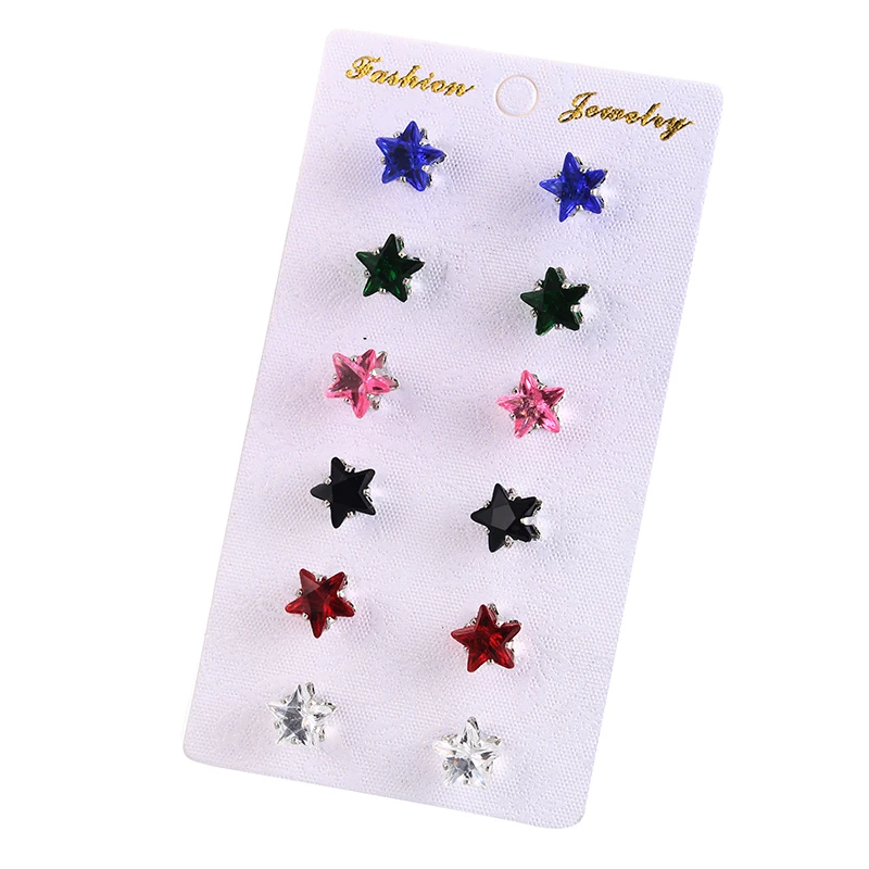 6 Pairs Earrings Set Star Design Crystal Stud Earrings Set Beautiful