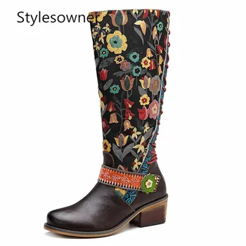

Stylesowner Ethnic Style Fashion Women Knee-high Boots Fashion Soft Leather Casual Embroider Retro Long Boots Classic Flower