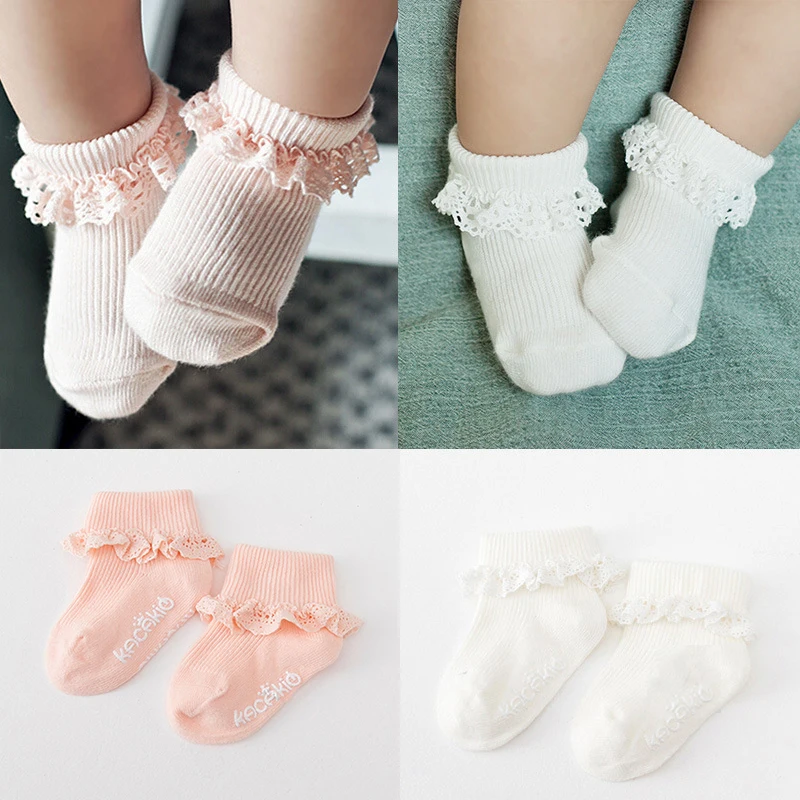 Носки для малышей, милые кружевные носки принцессы для маленьких девочек, хлопковые короткие носки с оборками для малышей, Meias Infantil, розовый и белый цвета, для детей 0-2 лет