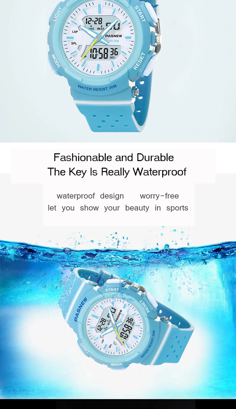 PASNEW аналоговые цифровые часы с японским механизмом для подростков повседневные модные водонепроницаемые спортивные наручные часы 30 м PSE-470