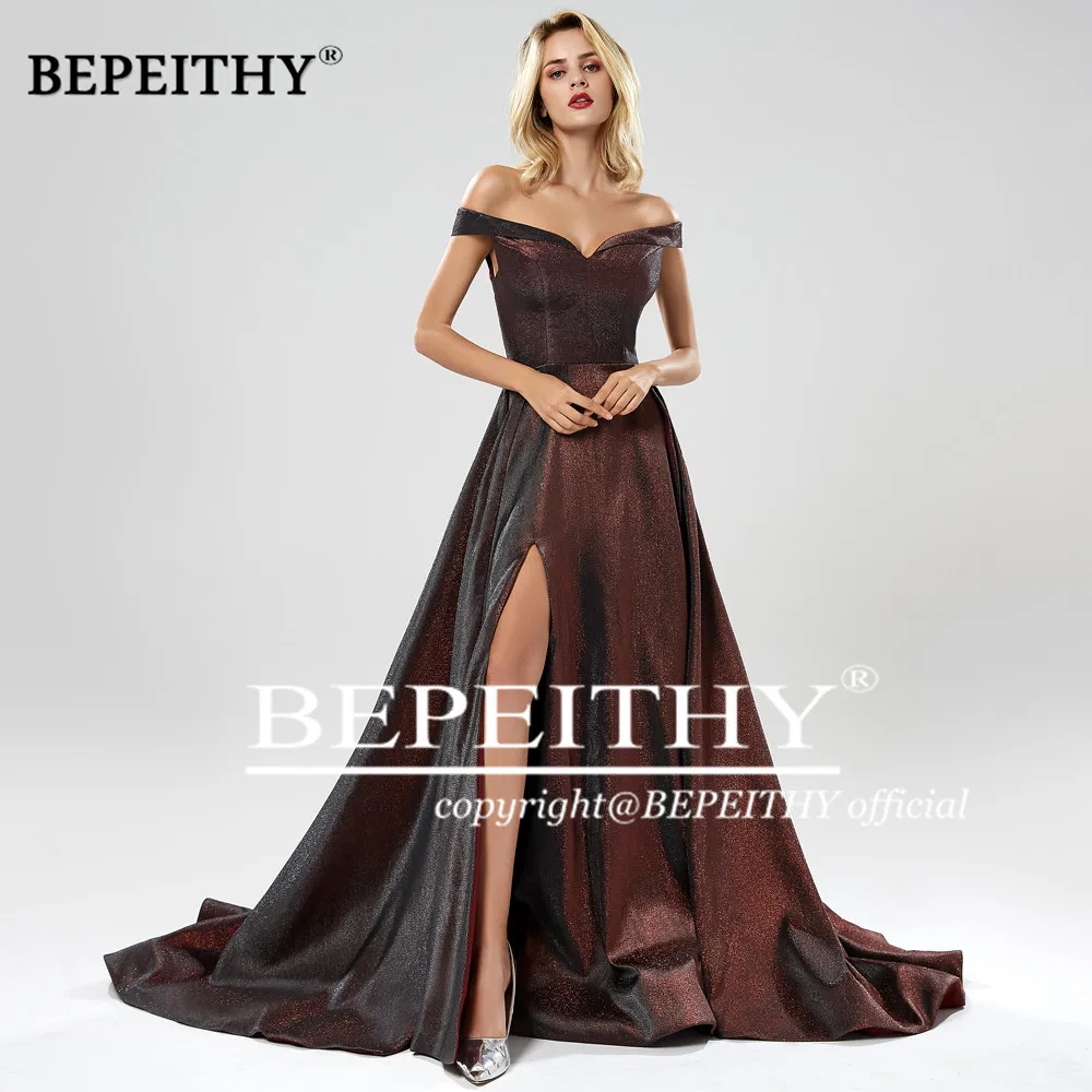 BEPEITHY Robe De Soiree длинное вечернее платье с открытыми плечами, элегантные вечерние платья с разрезом, блестящее сексуальное платье для выпускного вечера