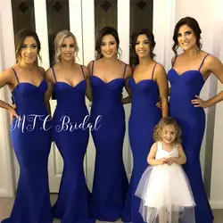 Платье с юбкой годе Королевского синего цвета длинные платья подружек невесты 2019 милое на тонких бретельках эластичное атласное оптовая