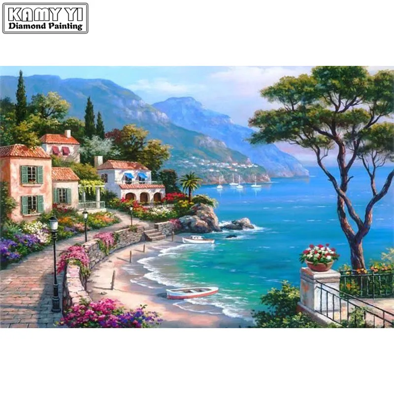 Diamond mosaic full diamond embroidery beads Beautiful Seaside Town Trees diamond cross stitch Square diamond kits_