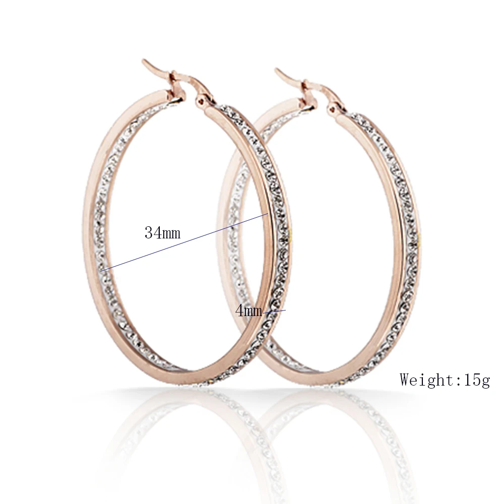 Модные Классические серьги-кольца со стразами из нержавеющей стали цвета розового золота