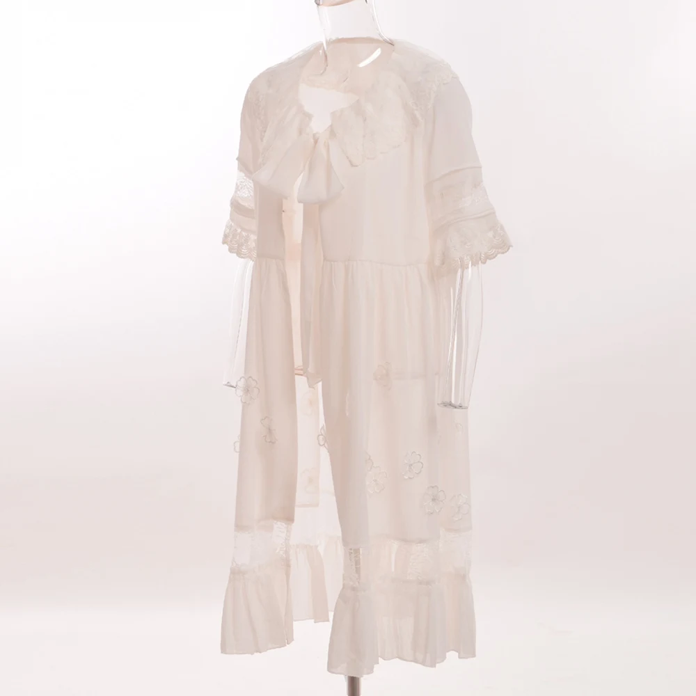 

Women Sweet Lolita White Chiffon Lace Trim Long Shirt Flower Cover Cardigan Outwear