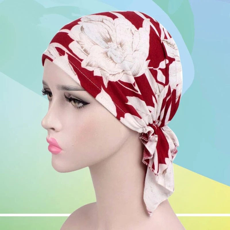 

New Women Cotton Scarf Muslim Stretchy Turban Floral Print Beanie Pre Tied Head Scarf Chemo Hat Cancer Scarves Lady