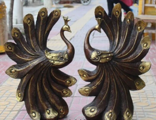 

RHS0027 23" Lucky Asian Chinese Fengshui Folk Bronze Gilt peacock peafowl Statue Pair