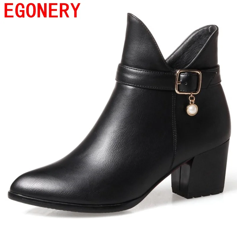 

egonery women booties 2018 new come pointed toe high heel ladies buckle tie side zipper woman black red plus size ankle boots