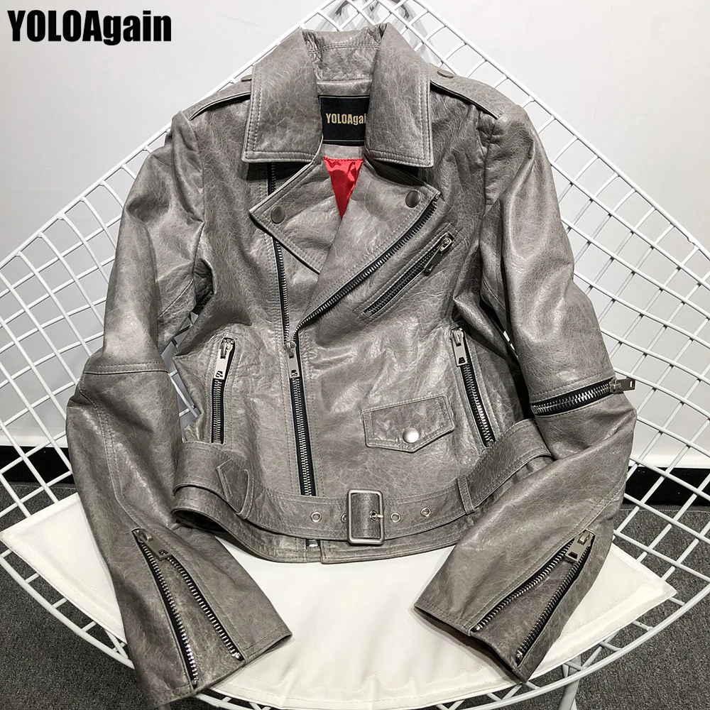 

YOLOAgain women genuine leather jacket ladies high street zipper long sleeve real leather jacket