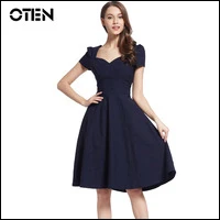 OTEN-Summer-Short-sleeve-V-Neck-Front-Ruched-High-Waist-Vintage-50s-60s-pin-up-Swing