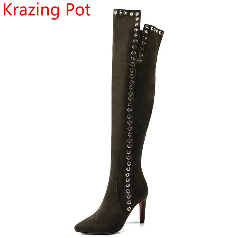 

2018 Cow Suede Pointed Toe Winter Shoes Fashion Boots High Heels Rivet Thigh High Boots Nightclub Women Over The Knee Boots L0f7