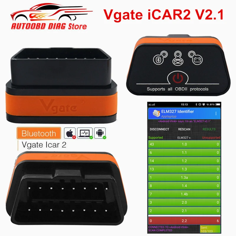 Vgate iCar2 ELM327 V2.1 OBD2 Bluetooth адаптер автомобильный OBDII сканер считыватель кодов