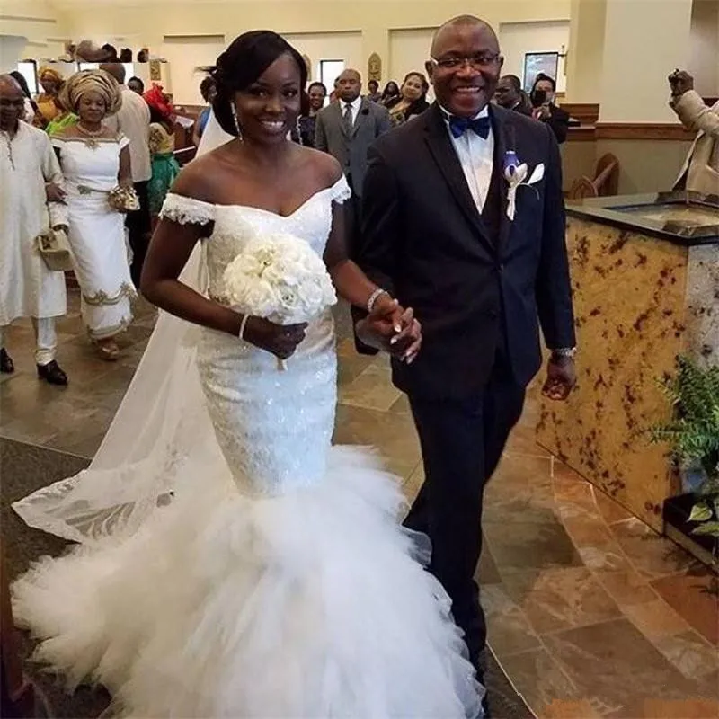 African Mermaid Wedding Dresses Off The Shoulder Lace Tulle Tiered Bridal Dress Sequins Cap Sleeves 2019 Wedding Gowns
