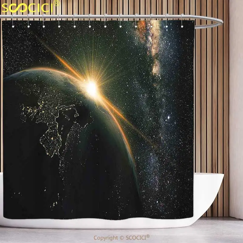 

Funky Shower Curtain Galaxy Sunrise View of the Planet Earth from Space with Stars in Milky Way Outer Space Arts Print Black