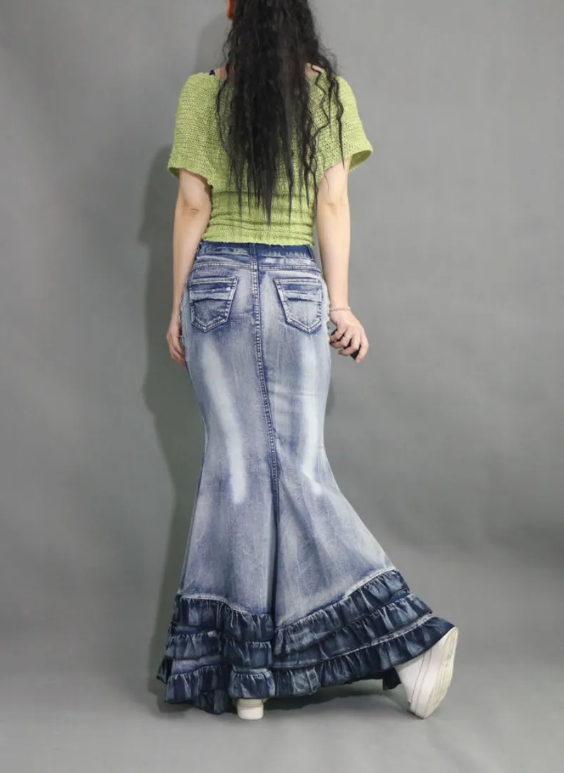 2019 Винтаж ультра макси юбка для стройных, обтягивающее слоистых Faldas для женщин джинсовая ретро Лоскутная оборками Длинные Русалка на шаре