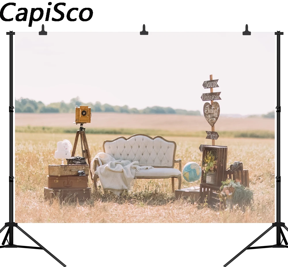 

Capisco Sofa luggage flowers Old camera wilderness Wedding Outdoor Scenic Backgrounds Photography Backdrop Photo Studio