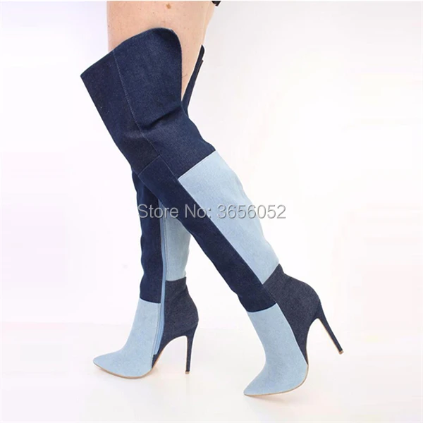 As Zapatillas Por Mezclado Pic Qianruiti Color Encima Delgada La De Punta Rodilla Tacones Botas Mujer Vaquera Stiletto Zapatos as Denim Pic pxTOwq