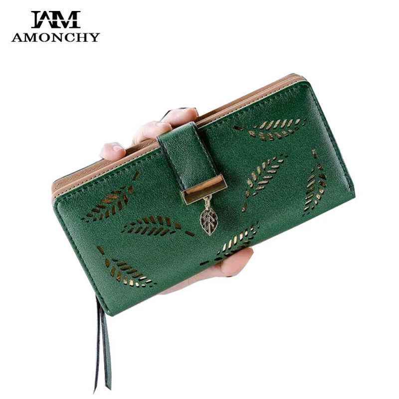 

2019 Summer Hollow Out Women Wallets High Quality PU Leather Purse Clutch For Female Long Hasp Ladies Wallet Leaves Card Holders