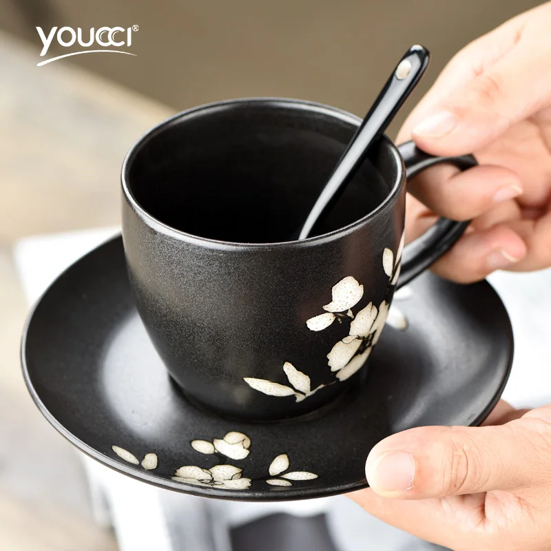 250ml Japanese Style Black Ceramic Coffee Cup Set Creative Mug Hand