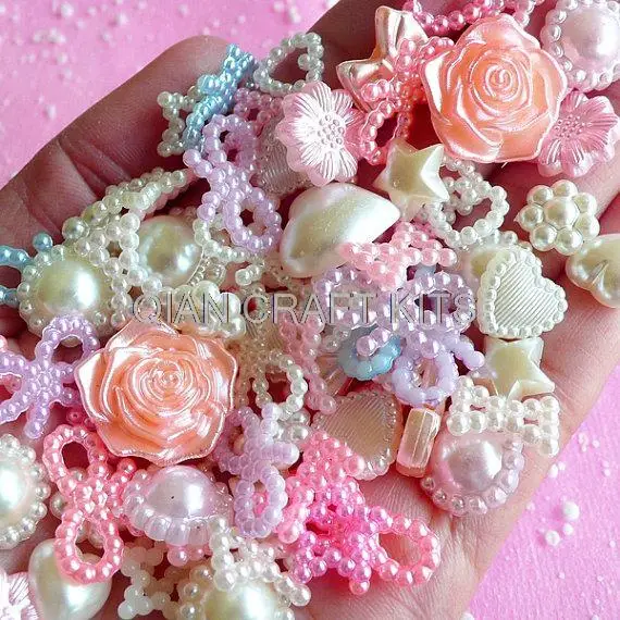 

100pcs Assorted Pearlized 5mm-18mm Cabochon Mix Set Flower Star Ribbon Heart Oval mix colors