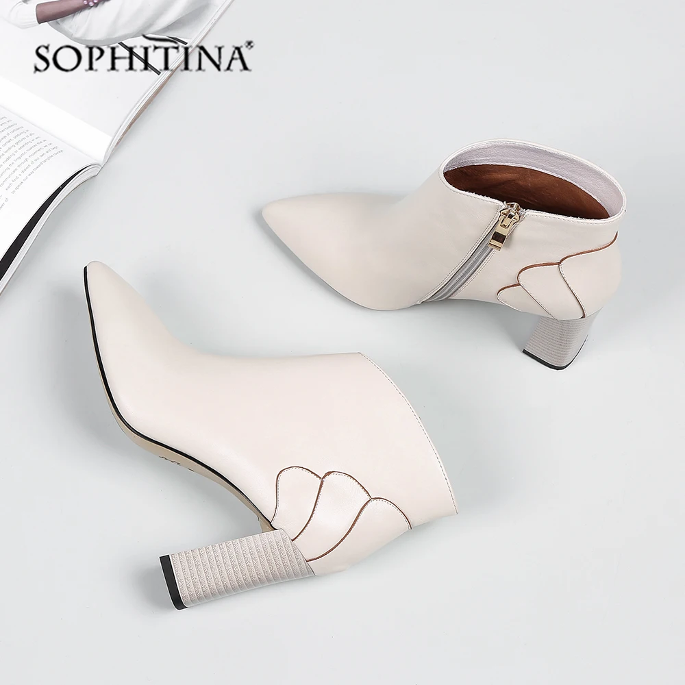 

SOPHITINA New Ankle Woman Boots High Quality Genuine Leather Sexy Pointed Toe Comfortable Square Heel Shoes Elegant Boots PO216